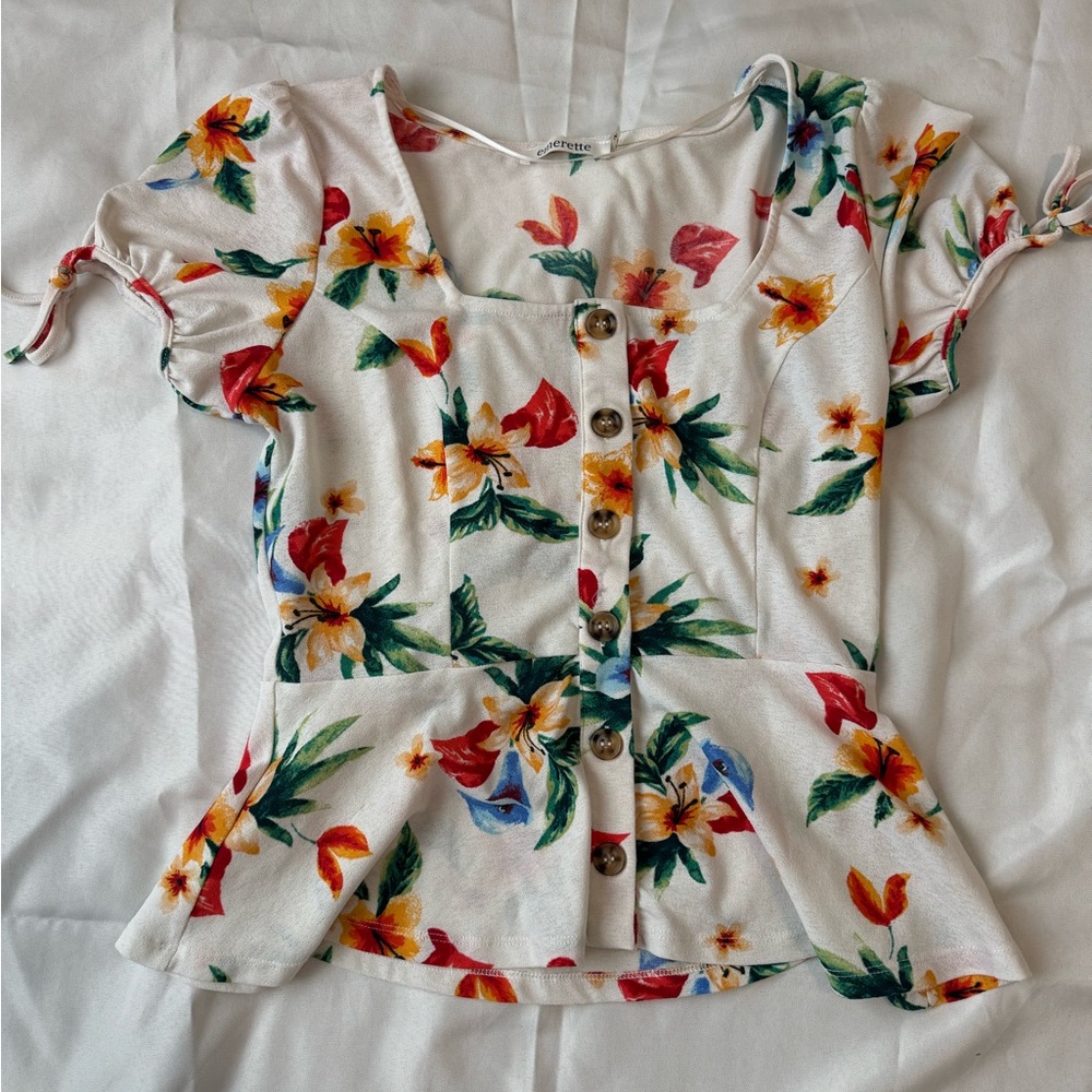 White and Orange Peplum Blouse with Tie Front